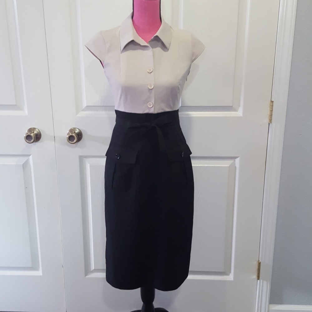 Calvin Klein Buttoned Side Zip Taupe & Black dress
